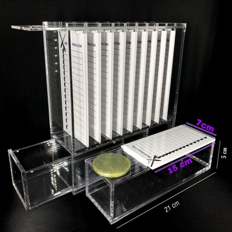 Organizator Magic Box transparent cu 9 palete lungi pentru extensii gene, depozitare extensii gene si palete magnetice