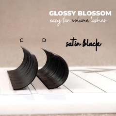 0.07 C Glossy Blossom, abanico fácil, pestañas florales, aspecto sedoso negro, 12 líneas