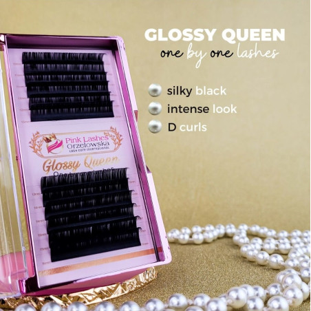 0.07 D Glossy Queen, extensiones de pestañas una por una, negro sedoso, 12 líneas