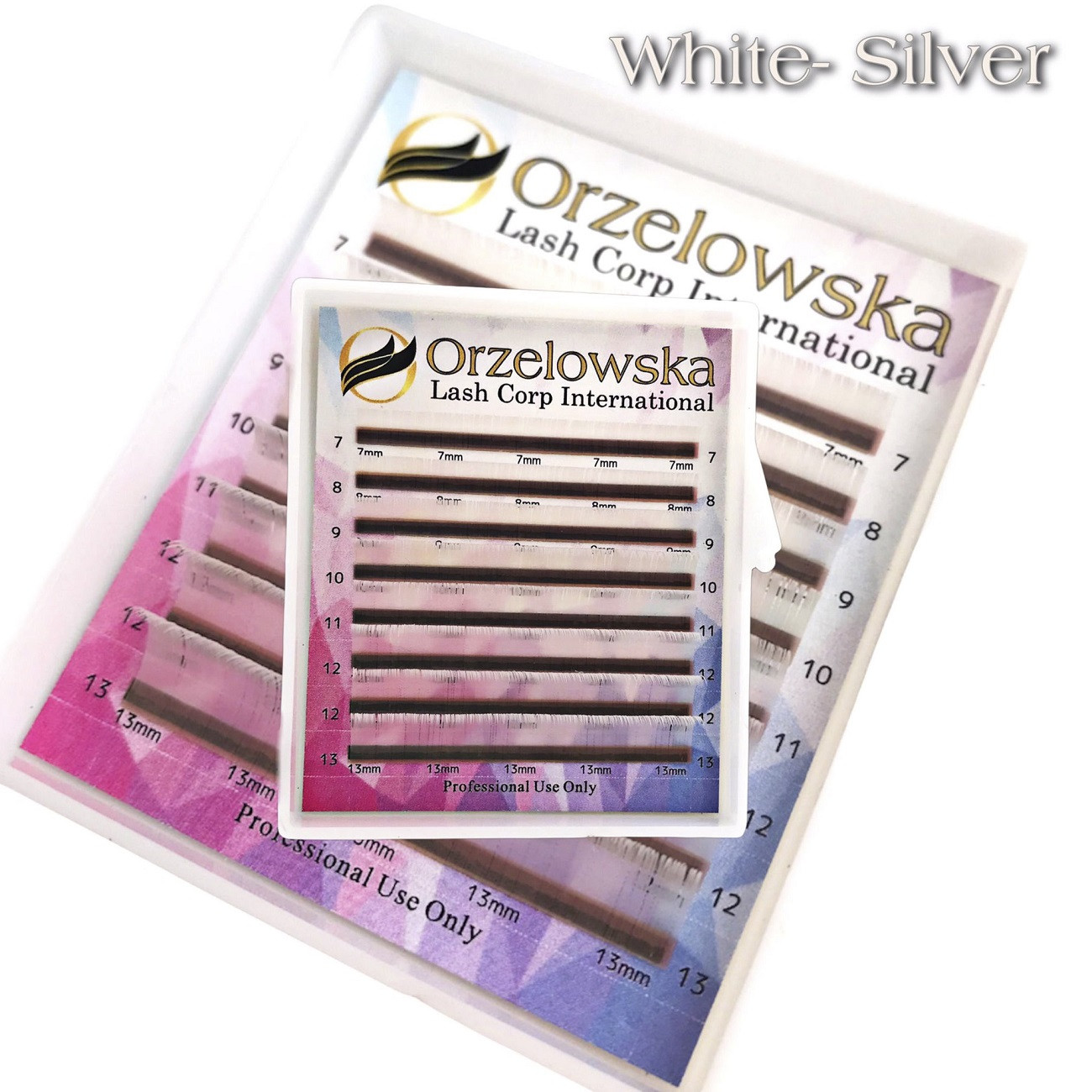 CC 0.07 Color Lashes, White-Silver, eyelash extensions, tray with 8 lines, Orzelowska