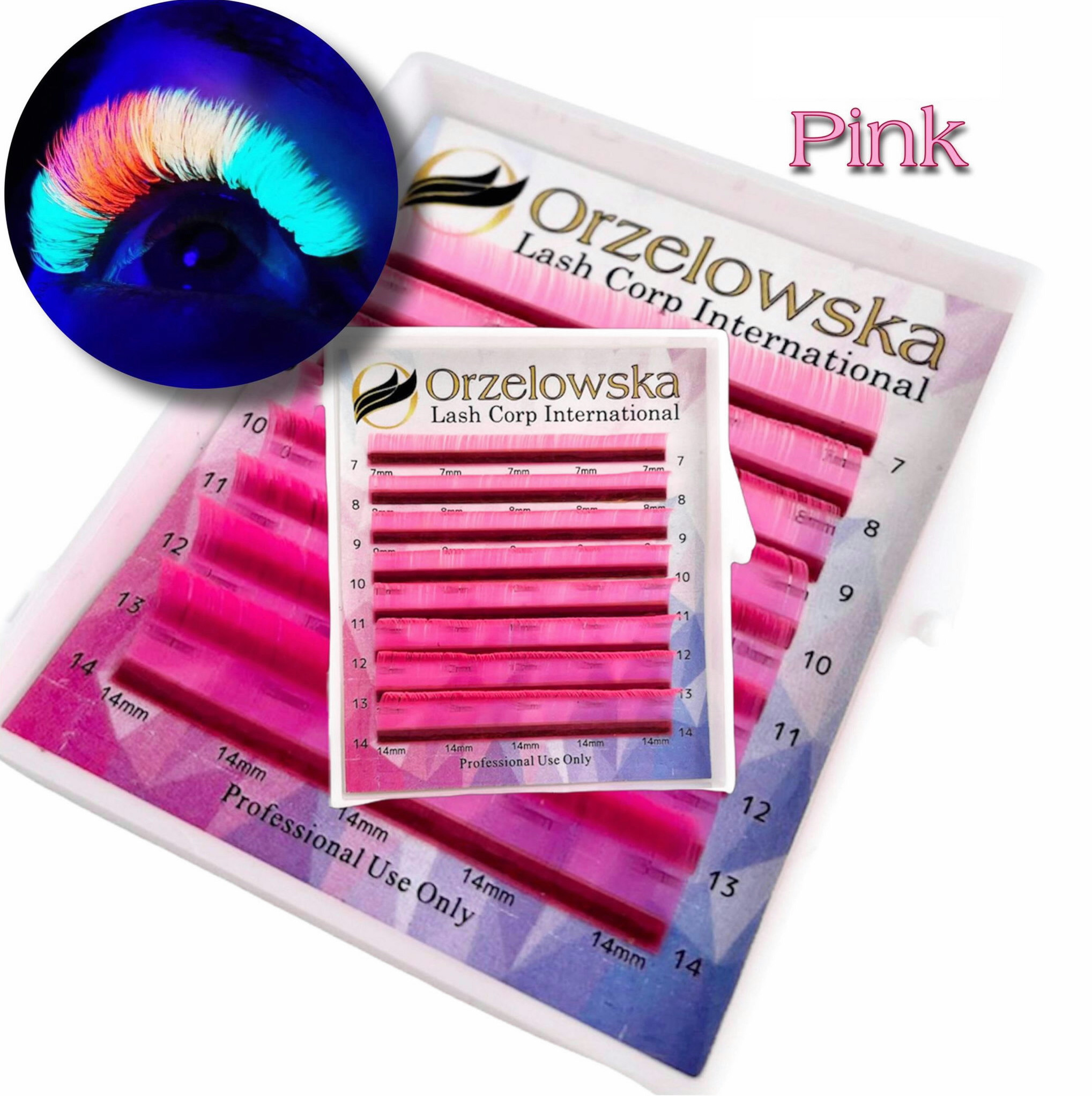 CC 0.07 Mix 7-14 mm Color Lashes, Electric Pink, eyelash extensions, tray with 8 lines ,  Orzelowska