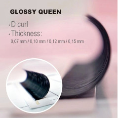 0.10 D Glossy Queen, extensiones de pestañas una por una, negro intenso, ligeramente brillante, 12 líneas