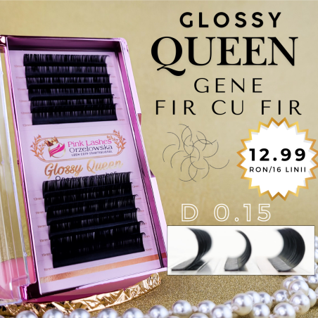 0.15 D - Glossy Queen, extensiones de pestañas una por una, negro intenso, ligeramente brillante, 12 líneas