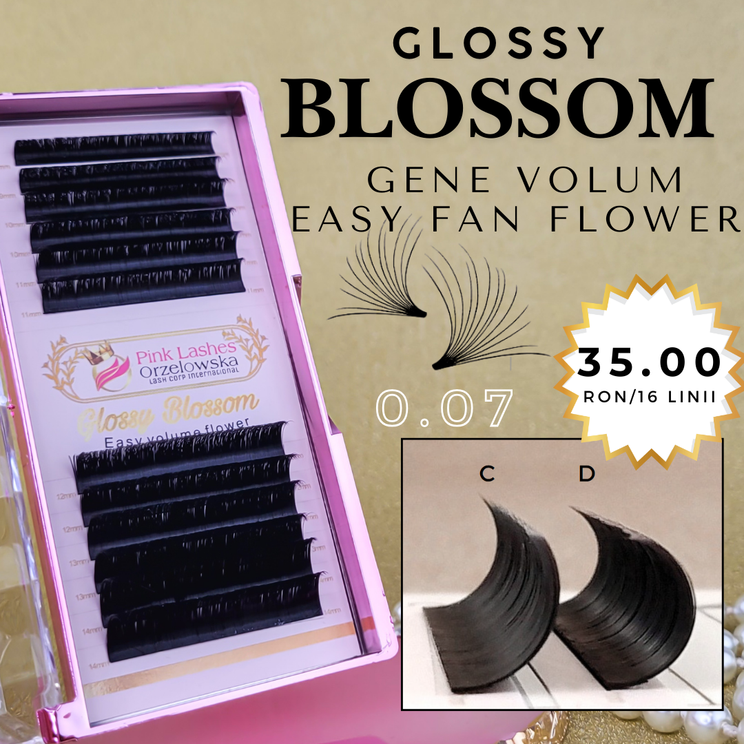 0.07 D Glossy Blossom, extensii gene easy fanning, mega volume lashes, negru usor lucios