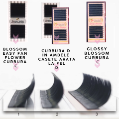 0.07 D Glossy Blossom, extensii gene easy fanning, mega volume lashes, negru usor lucios