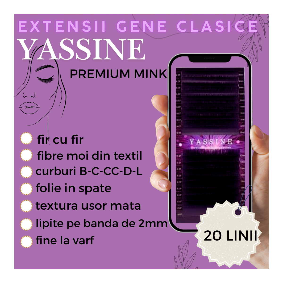Curbura C Yassine Premium 20 linii, fir cu fir, extensii de gene