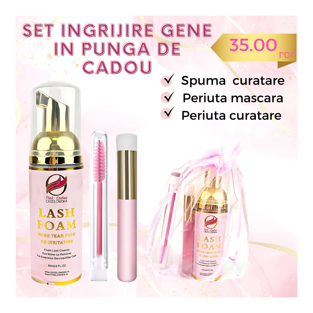 Set Spuma de curățare ingrijire gene, în punga de cadou, Lash Shampoo cadou pentru clientele tale.